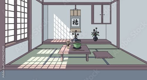 Minimalist Japanese Tatami Room Illustration with Sunlight