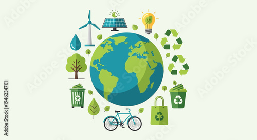 Global Earth Globe Surrounded by Renewable Energy Icons.