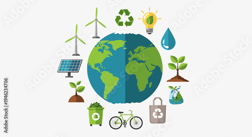 Planet Earth Surrounded by Environmental Icons.