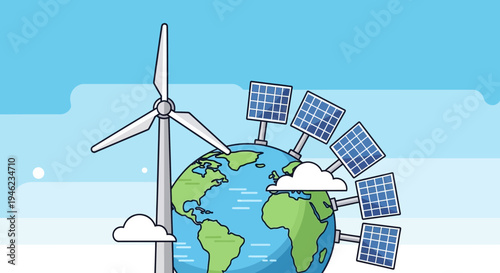 Global renewable energy technology featuring wind turbine and solar panels.