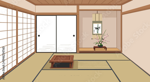 Traditional Japanese Tatami Room Interior with Sliding Doors and Minimalist Decor