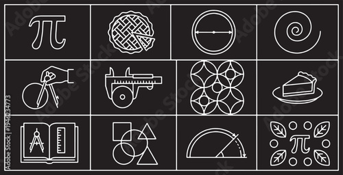 A collection of mathematical symbols and geometric shapes presented in a clean, white line art style on a black background.