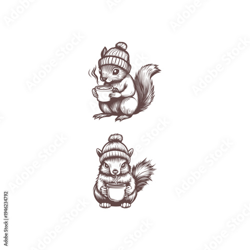 Hand-drawn vintage engraving illustration of a cute squirrel wearing a winter beanie hat and holding a hot cup of coffee or tea