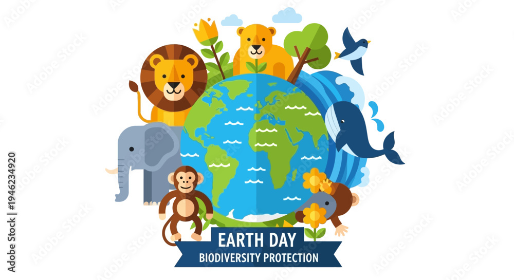 Obraz premium Colorful Earth Day cartoon featuring animals around a globe.