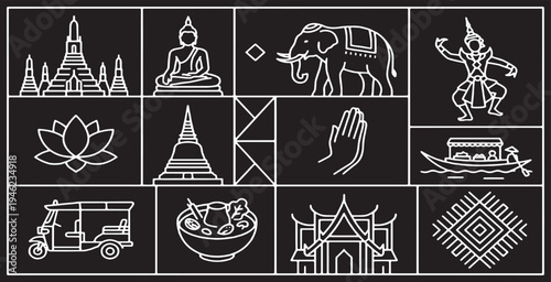 Collection of Thai cultural icons and symbols presented in a grid layout on a black background.