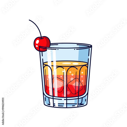 Refreshing cocktail with ice and cherry garnish in a glass, isolated on white background.