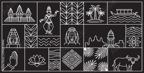 Collection of Cambodian cultural icons and symbols in a geometric grid pattern on a black background.