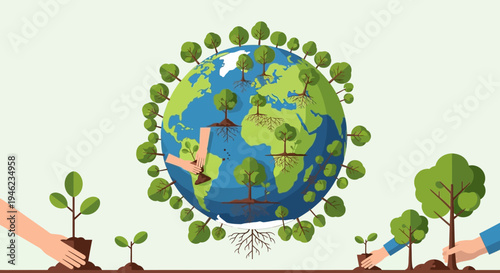 Earth Globe Surrounded By Seedlings And Hands Planting Trees.