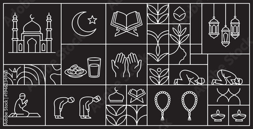 Islamic cultural symbols and religious elements arranged in a mosaic pattern, celebrating faith and tradition.