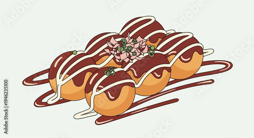 Hand Drawn Illustration of Delicious Japanese Takoyaki Octopus Balls