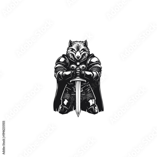 Black and white vector illustration of a powerful wolf warrior character wearing knight armor and holding a sword.
