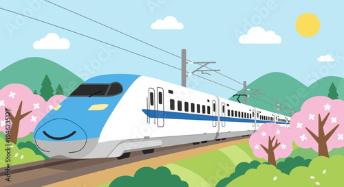 High Speed Bullet Train Traveling Through Japanese Spring Landscape with Cherry Blossoms