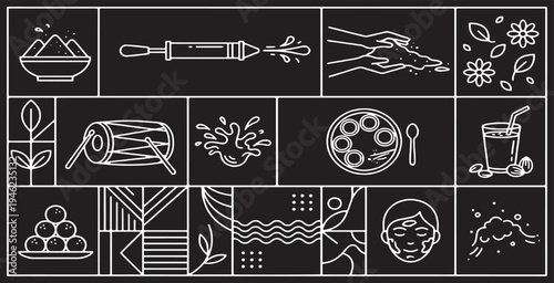 Collection of Indian Holi festival icons and symbols in a line art style on a dark background.