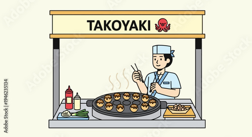 Japanese Takoyaki Street Food Stall with Chef Cooking Octopus Balls