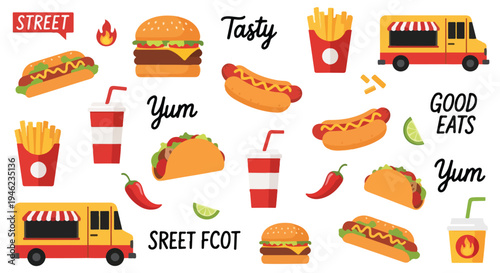 Colorful illustrations of street food items and food trucks on white background.