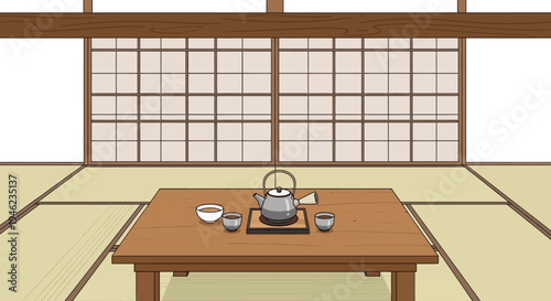 Japanese Tea Ceremony Setup in Traditional Tatami Room