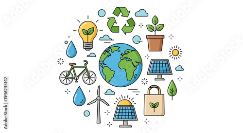 Earth with Renewable Energy Symbols Surrounding Globe.