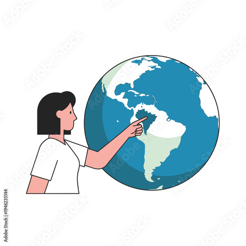 Woman pointing at Earth globe showing Americas, education, geography, travel, global concepts