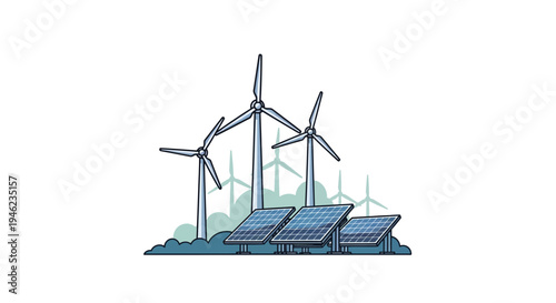 Renewable energy site with wind turbines and solar panels.