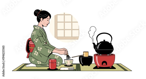 Japanese Woman in Kimono Performing Traditional Tea Ceremony