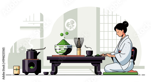 Japanese Woman Performing Traditional Tea Ceremony with Matcha