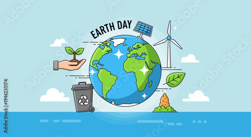 Planet Earth Globe With Environmental Symbols.