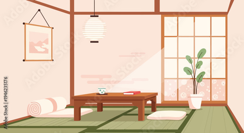 Minimalist Japanese Interior Room with Tatami Mats and Low Table