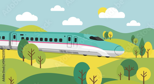 Modern High Speed Train Traveling Through Scenic Green Landscape Illustration