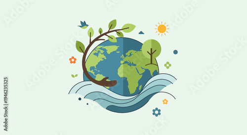 Earth with lush greenery surrounded by water and sprouting leaves.