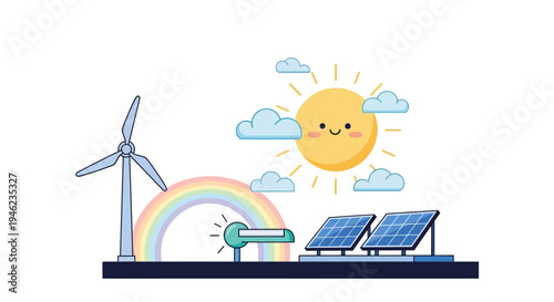 Wind Turbine And Solar Panels Renewable Energy Illustration.