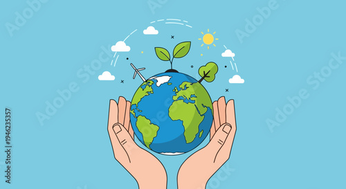 Hands Cradling Earth With Growing Plant.