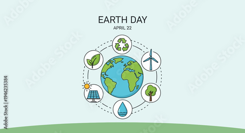 Earth Day Globe Surrounded by Eco Icons.