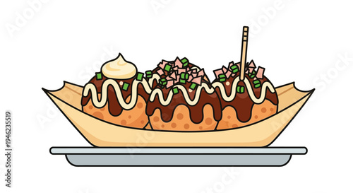 Illustration of Japanese Takoyaki Octopus Balls in a Boat Tray