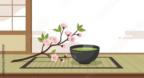 Japanese Matcha Tea Bowl with Cherry Blossom Branch on Tatami Mat