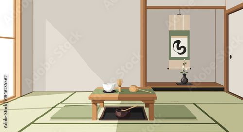Minimalist Japanese Tea Room with Tatami Mats and Matcha Set