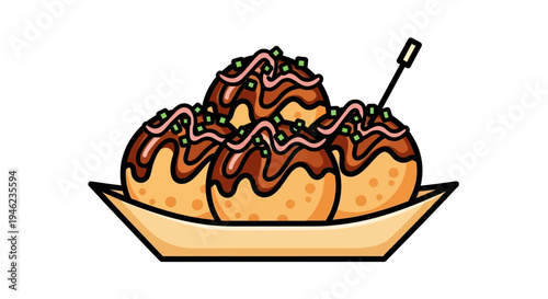 Takoyaki Octopus Balls in Paper Boat Vector Illustration