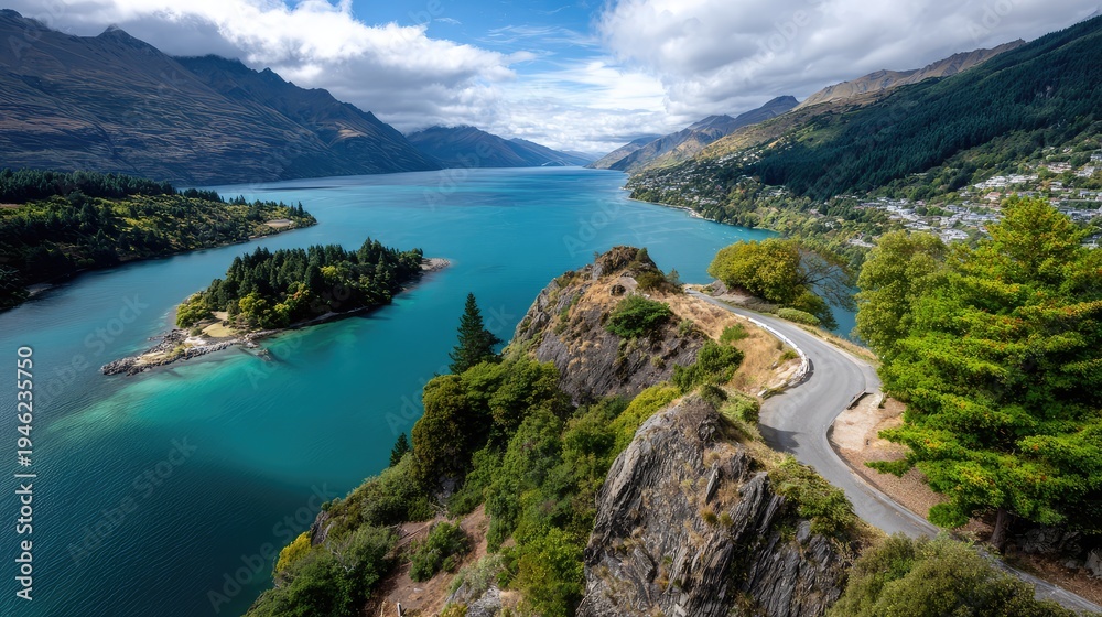 Obraz premium Stunning Aerial View of Serene Lake Surrounded by Majestic Mountains and Lush Greenery under a Bright Blue Sky in Queenstown Landscape