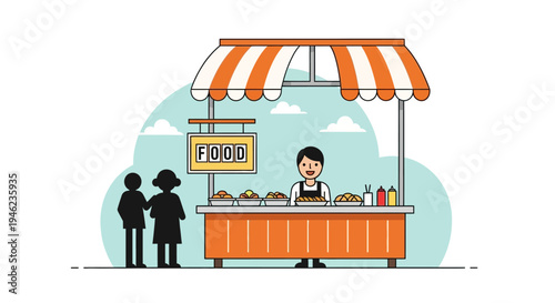 Street Food Stall with Vendor and Customers Illustration