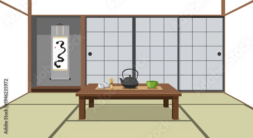 Traditional Japanese Tea Room with Tatami Mats and Shoji Screens