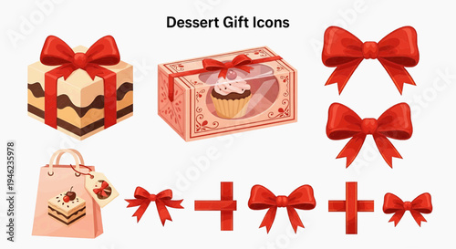 A collection of charming dessert gift icons featuring bows, gift boxes, and a shopping bag, perfect for holiday and celebration themes