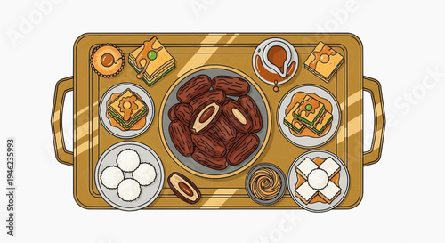 A visually appealing flat lay illustration of a wooden tray filled with traditional Ramadan sweets and dates, perfect for celebratory occasions and cultural themes