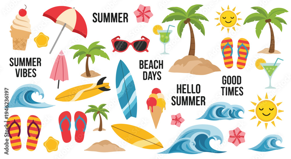 Obraz premium A collection of colorful summer-themed icons and phrases on a white background.