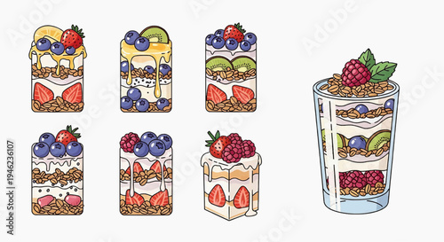 Refreshing and nutritious collection of layered parfaits featuring vibrant fresh berries, creamy yogurt, and crunchy granola, perfect for a healthy breakfast, dessert, or light snack option
