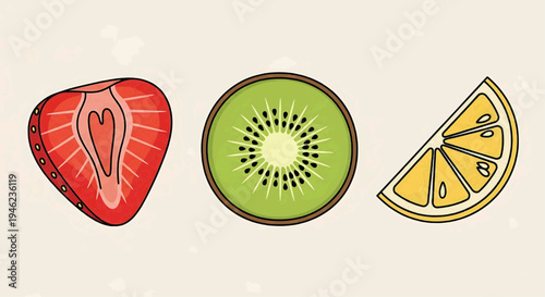 A trio of sliced fruits strawberry, kiwi, and lemon, beautifully illustrated on a textured background with subtle speckles, evoking freshness and natural flavors
