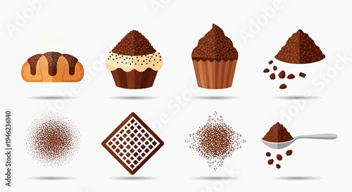 Sweet cocoa and chocolate treats graphic set, featuring illustrations of baked goods, powder, and decorative elements for dessert-themed designs