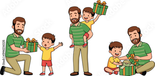the father kneeling to present a wrapped box, giving his son a playful piggyback ride while holding the present, and sitting together on the floor to open the surprise.