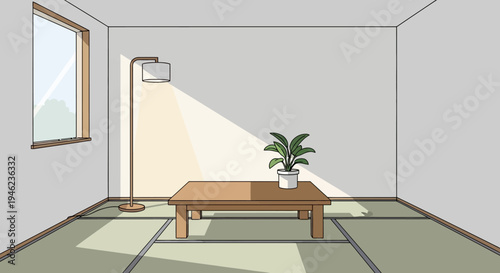 Minimalist Anime Style Living Room with Wooden Table and Plant