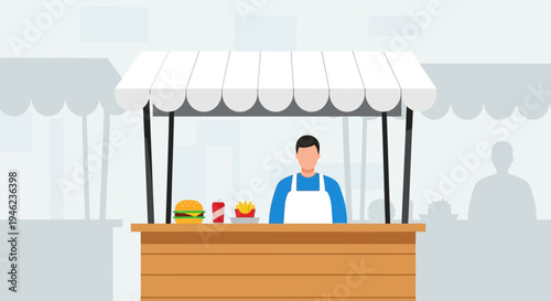 Street Food Vendor Serving Fast Food at Market Stall