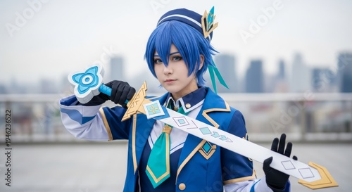Captivating portrait of a person in a detailed blue and white fantasy-themed uniform, holding a unique stylized sword, portraying an imaginative character