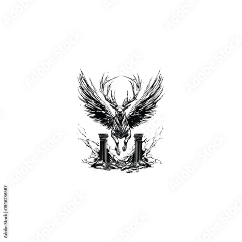 Hand-drawn black and white illustration of a majestic winged deer leaping between ancient Greek columns, featuring a mythological fantasy aesthetic with intricate ink details.
